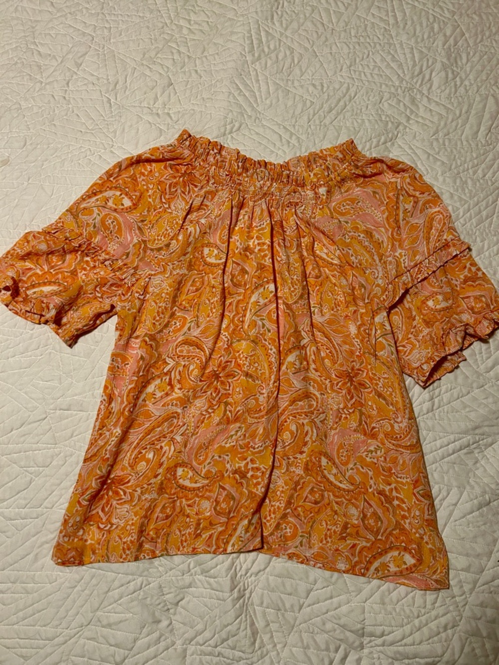 Nanette Lepore Orange Paisley Print Peasant Off-the-Shoulder Puff Sleeve Blouse